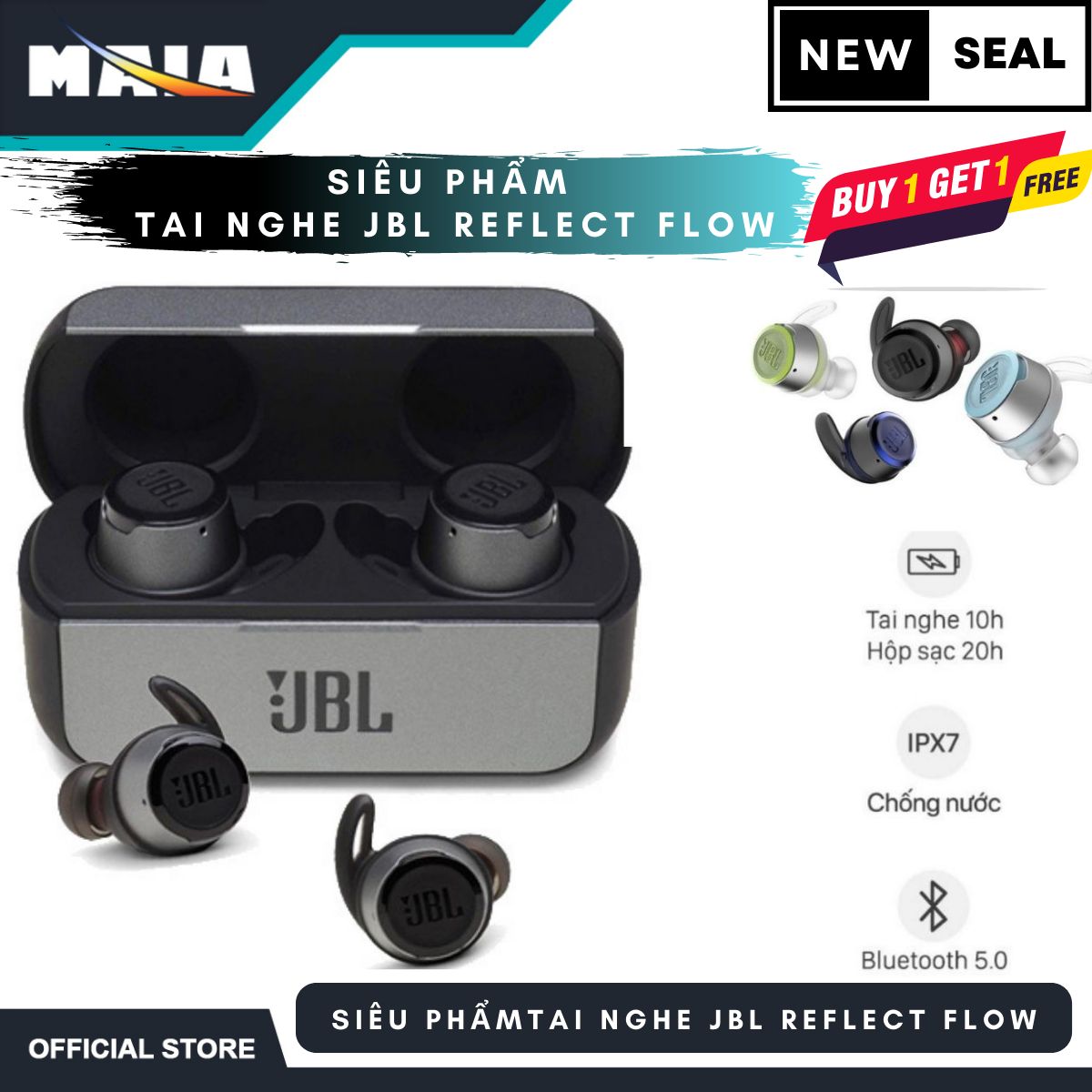 Tai Nghe Bluetooth True Wireless JBL Reflect Flow - Tai Nghe nhét tai JBL_Thiết kế sang trọng, tiện lợi khi mang theo nhỏ gọn và tinh tế _ Nhiều kích cỡ đệm tai , Có chuẩn chống nước IPX7 , Kết nối Bluetooth 5.0...vv
