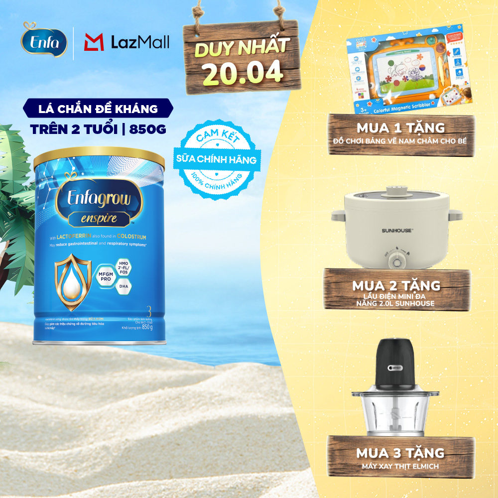 [DUY NHẤT 15-17/04 MUA LÀ CÓ QUÀ] Sữa bột Enfagrow Enspire 3 850g hỗ trợ đề kháng với Lactoferrin dành cho trẻ từ 2-6 tuổi