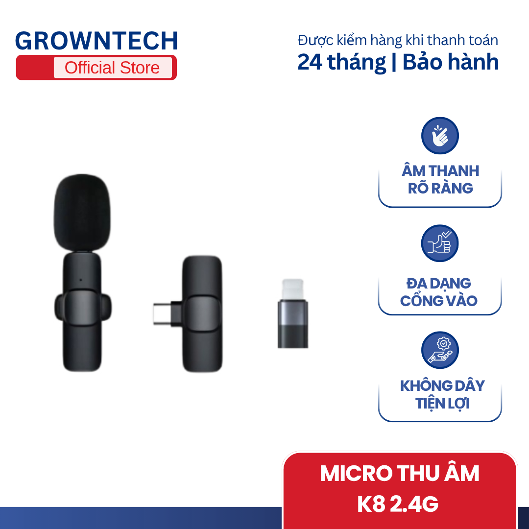 Micro cài áo không dây K8 2.4G, khử tiếng ồn môi trường, hỗ trợ iPhone, Type-C, Micro USB, dùng livestream quay video