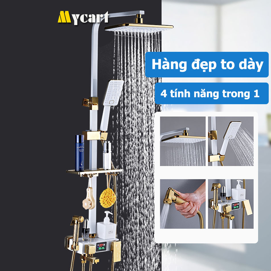 Bộ Sen cây tắm đứng nóng lạnh, Bộ sen vòi tắm đứng Bằng Đồng Hiển Thị Số Sơn tĩnh điện - HCN Màu Trắng