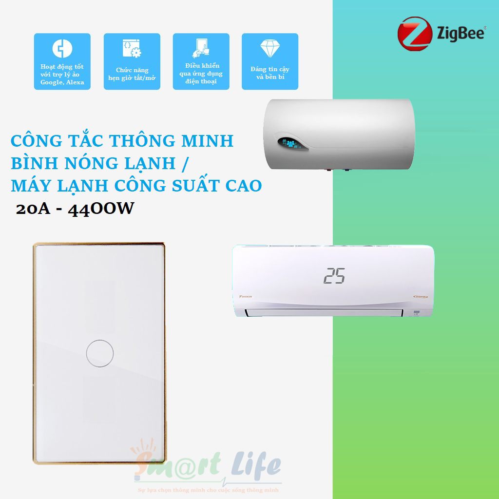 Công tắc bình nóng lạnh/ máy lạnh viền nhôm cao cấp 20A 4400W Zigbee - Tuya Smart Life boiler switch 20A 4400W