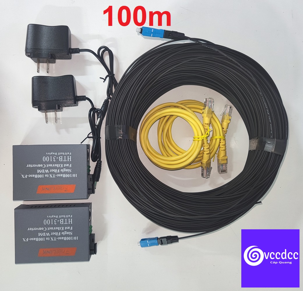 Combo 100m cáp quang 1fo gia cường bấm sẵn 2 đầu + cặp converter quang HTB 3100