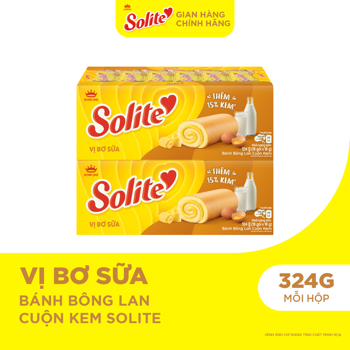 Combo 2 Hộp Bánh Bông Lan Cuộn Kem Solite Vị Lá Dứa/ Bơ Sữa/ Dâu, Hộp 2X324G