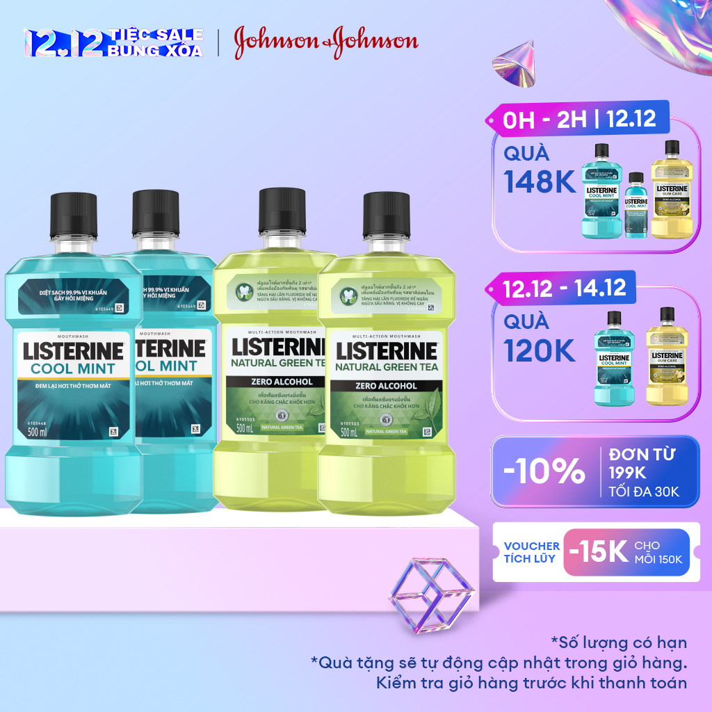 Bộ 2 nước súc miệng listerine ngừa sâu răng green tea 500ml + 2 nước súc miệng diệt khuẩn listerine cool mint 500ml