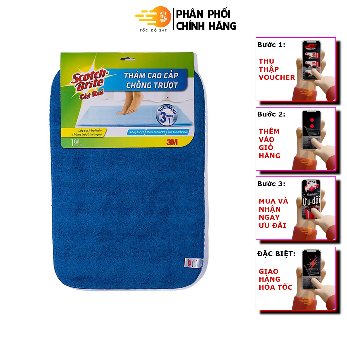 Thảm lót sàn chống trượt cao cấp 3in1 Scotch-Brite 3M - 35x50cm