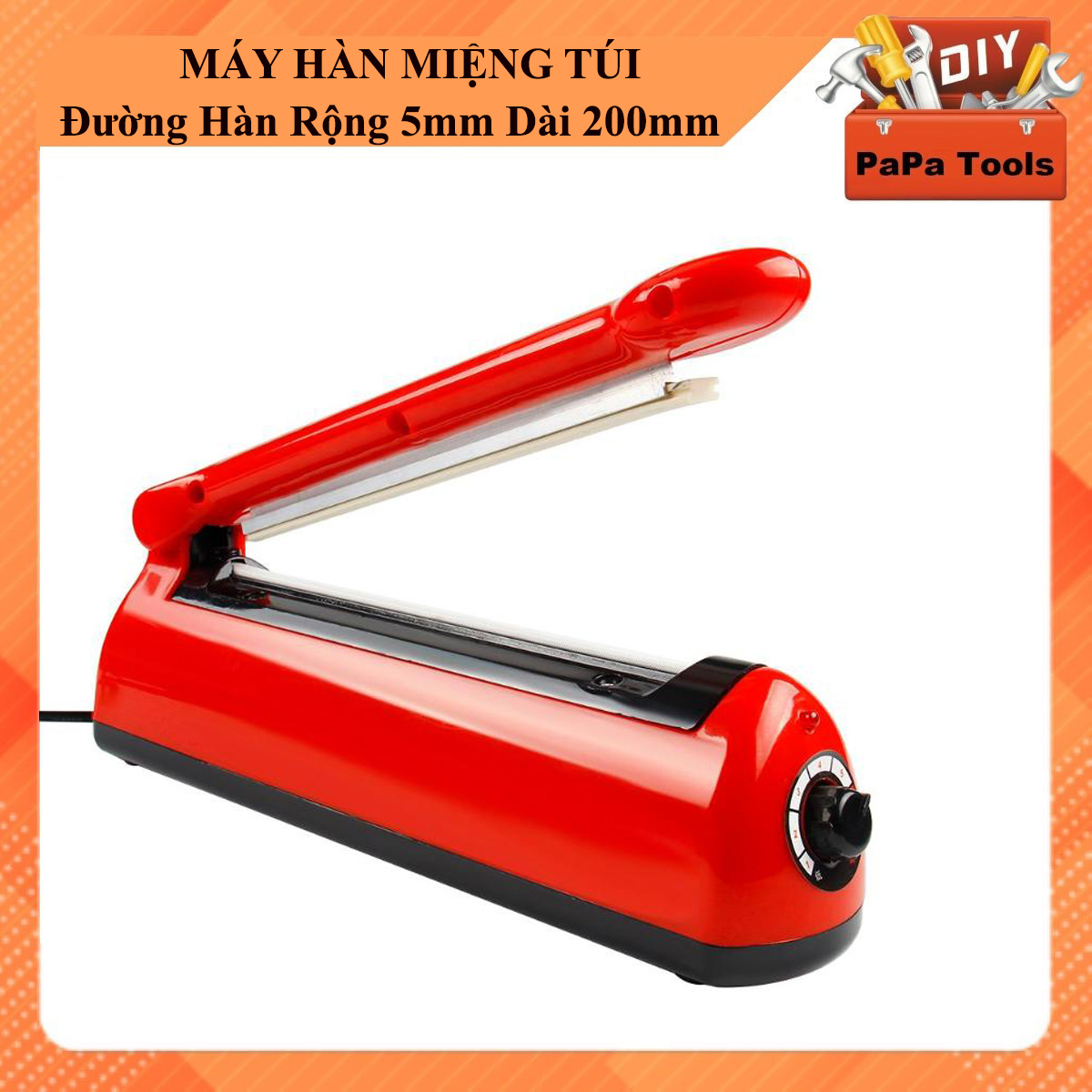 Máy hàn miệng túi dập tay ( máy ép túi nilon) Vỏ Nhựa Màu Đỏ SIZE 20CM đường hàn rộng  5MM, MÁY KHỎE, ĐƯỜNG HÀN ĐẸP- CHẮC CHẮN, - Dây gia nhiệt các loại (PAPA TOOLS)