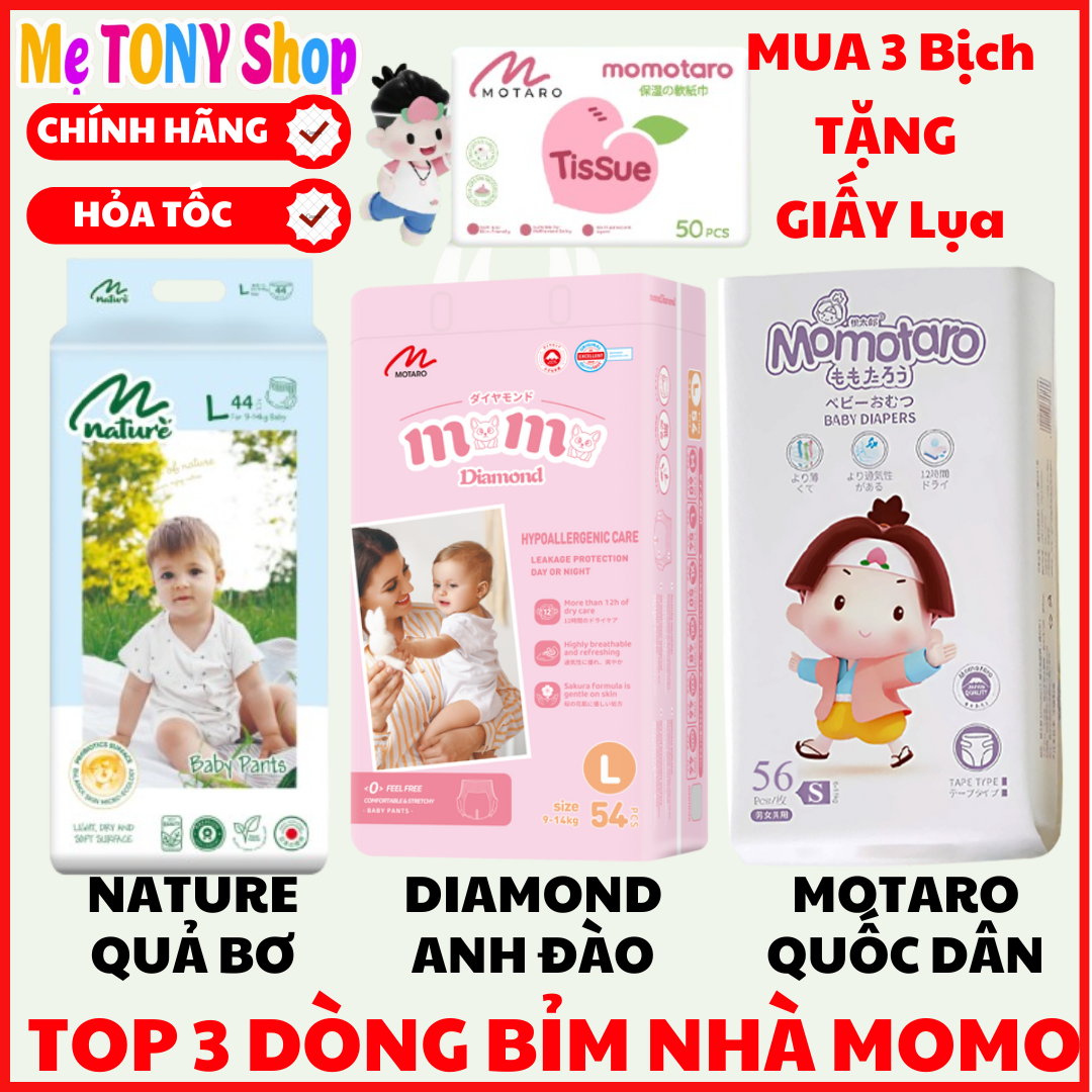 Mua3-TặngGIẤYLụa Bỉm Tã Dán Quần Momo DIAMOND Momo NATURE MomoTARO Đủ Size Sơ Sinh Đến 4XL Siêu Thấm-Chống Hăm
