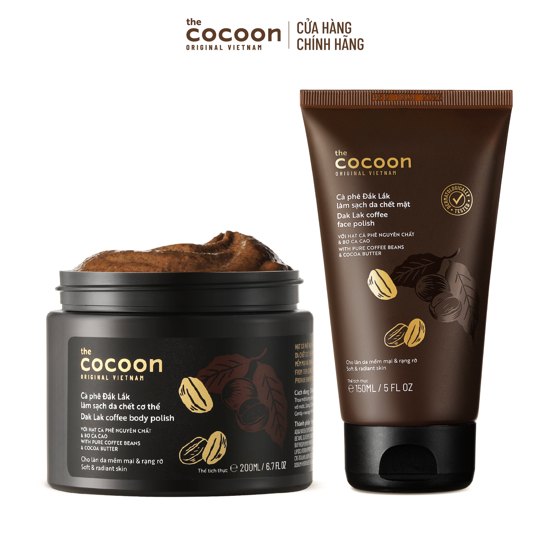 COMBO 1 Tẩy da chết mặt cà phê Đắk Lắk Cocoon cho làn da mềm mại  rạng rỡ 150ml + 1 Cà phê Đắk Lắk làm sạch da chết cơ thể 200ml