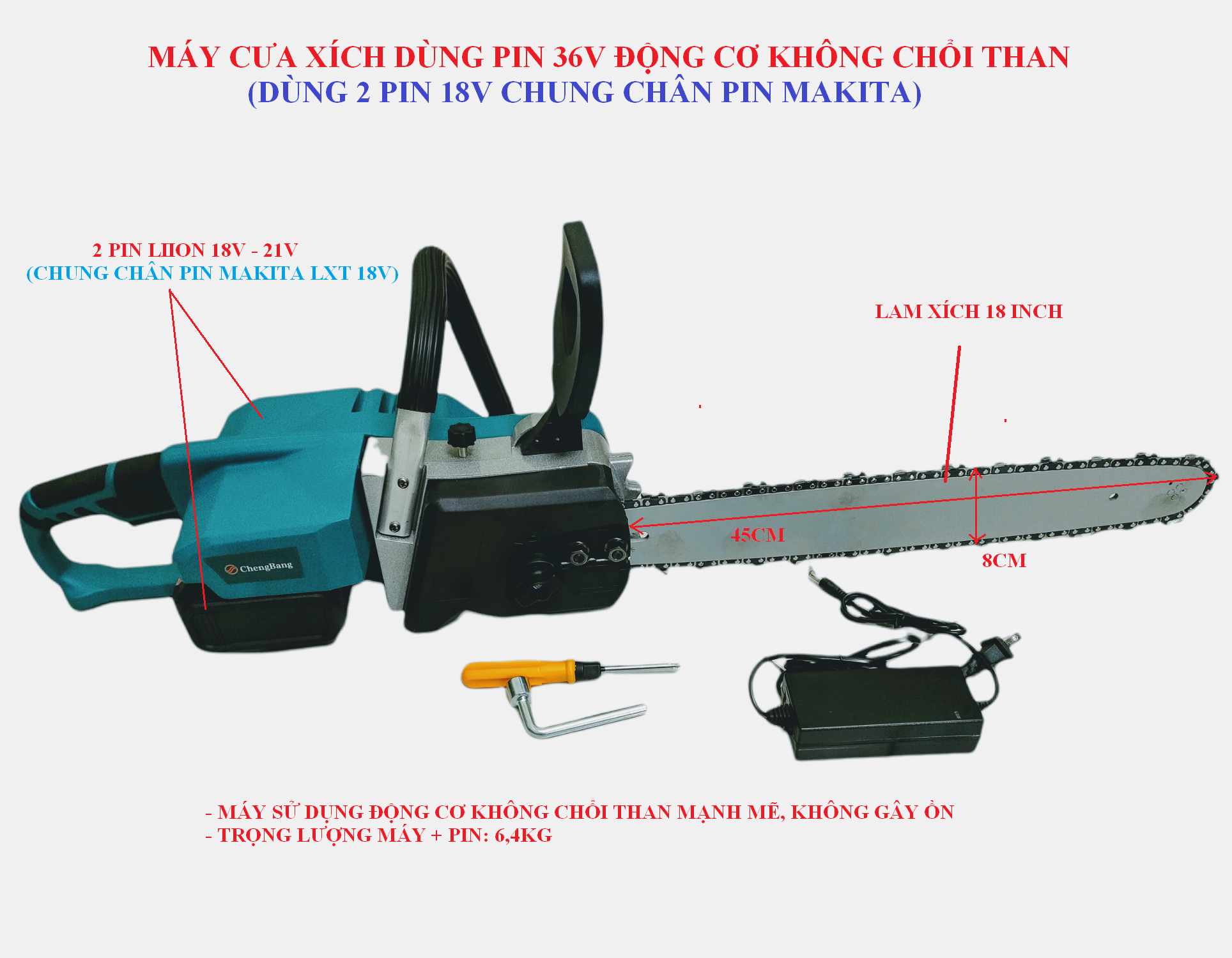 SV Máy cưa xích dùng pin 36V động cơ không chổi than, lam xích 18inch