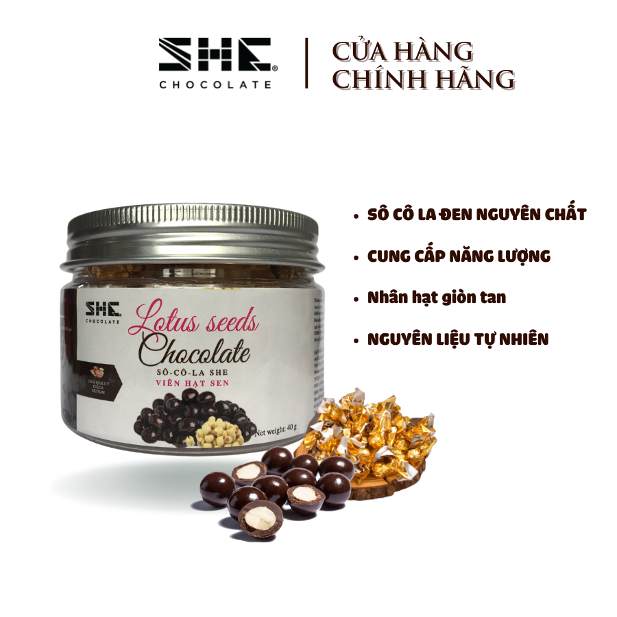 Socola viên Hạt sen - vị Socola Hạt sen - SHE Chocolate - 40 hủ pet - Socola viên - Hương vị thơm ngon, tốt cho sức khỏe. Thích hợp ăn vặt hoặc làm quà tặng đặc biệt