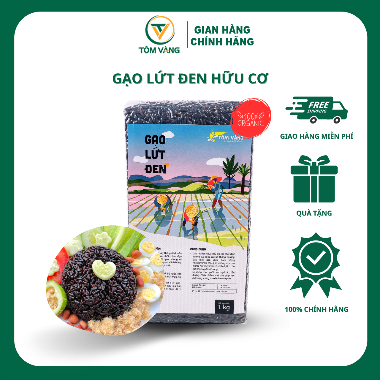 Gạo lứt đen hữu cơ 100% TÔM VÀNG dành cho người giảm cân, ăn kiêng, eatclean, thực dưỡng