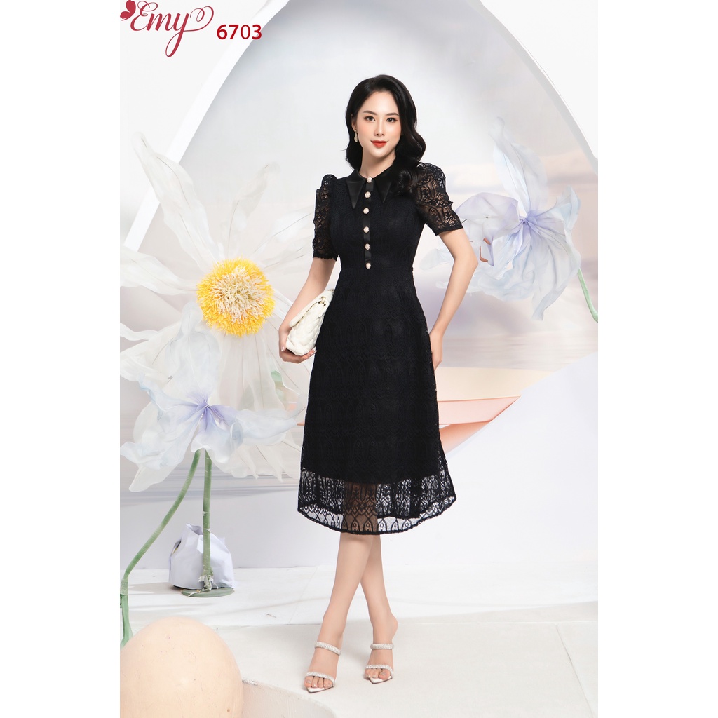 Đầm emy em6703 ren lá cổ bẻ kết nút