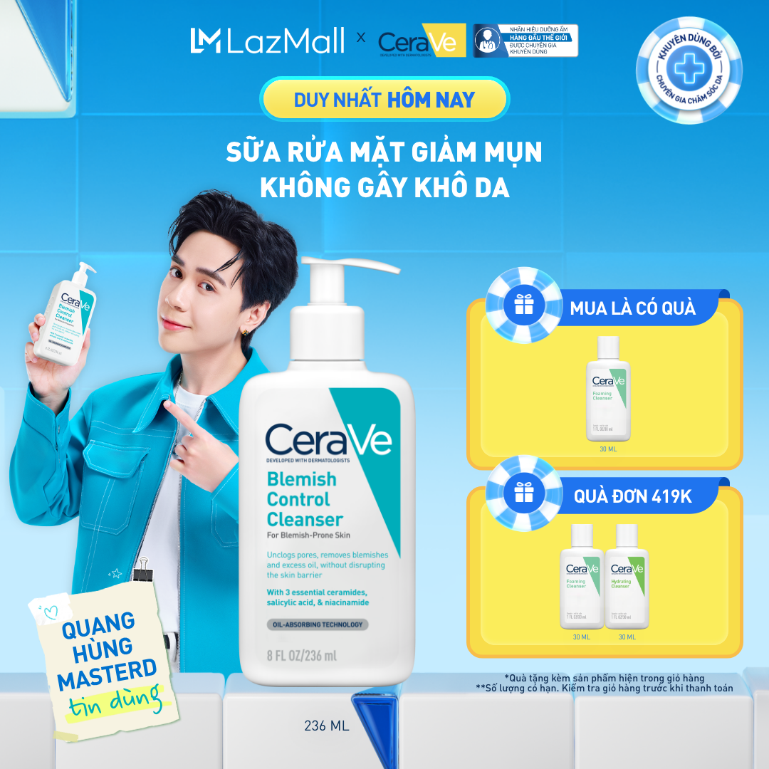 Sữa rửa mặt giảm mụn không gây khô da, không gây tổn hại bảo vệ hàng rào da - CeraVe Blemish Control Cleanser 236ml