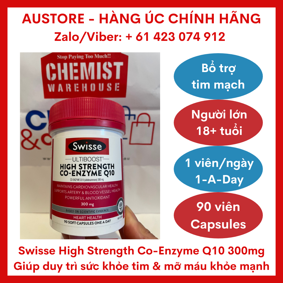[Bill Úc, Date 03/2023] Swisse Ultiboost High Strength Co-Enzyme Q10 300mg 90 Capsules - Viên uống bổ tim Swisse CoQ10 hàm lượng siêu cao 1 viên/ngày giúp duy trì sức khỏe tim & mỡ máu khỏe mạnh