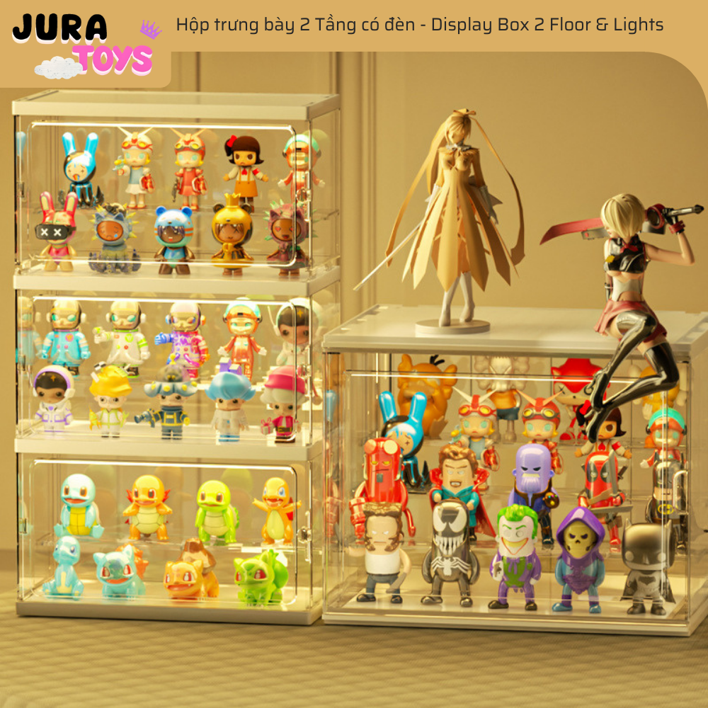 Hộp trưng bày hai tầng Có đèn mica trưng bày bảo quản mô hình popmart, dimoo, blindbox, skullpanda