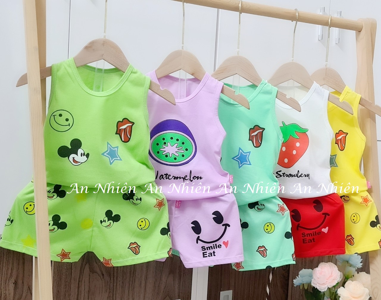Quần áo trẻ em: Set 5 bộ quần đùi áo sát nách trái cây màu cotton 2 chiều cho bé 3-15kg
