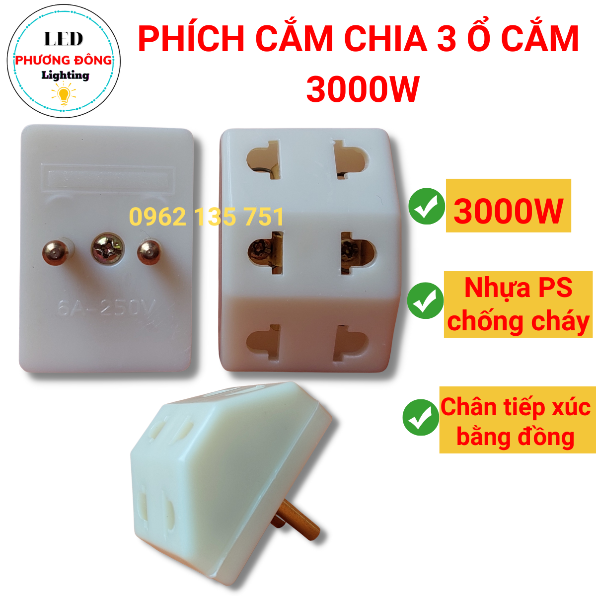 Phích cắm chia 3 ổ cắm - 3000w - phích cắm chuyển đổi 3 chấu sang 2 chấu