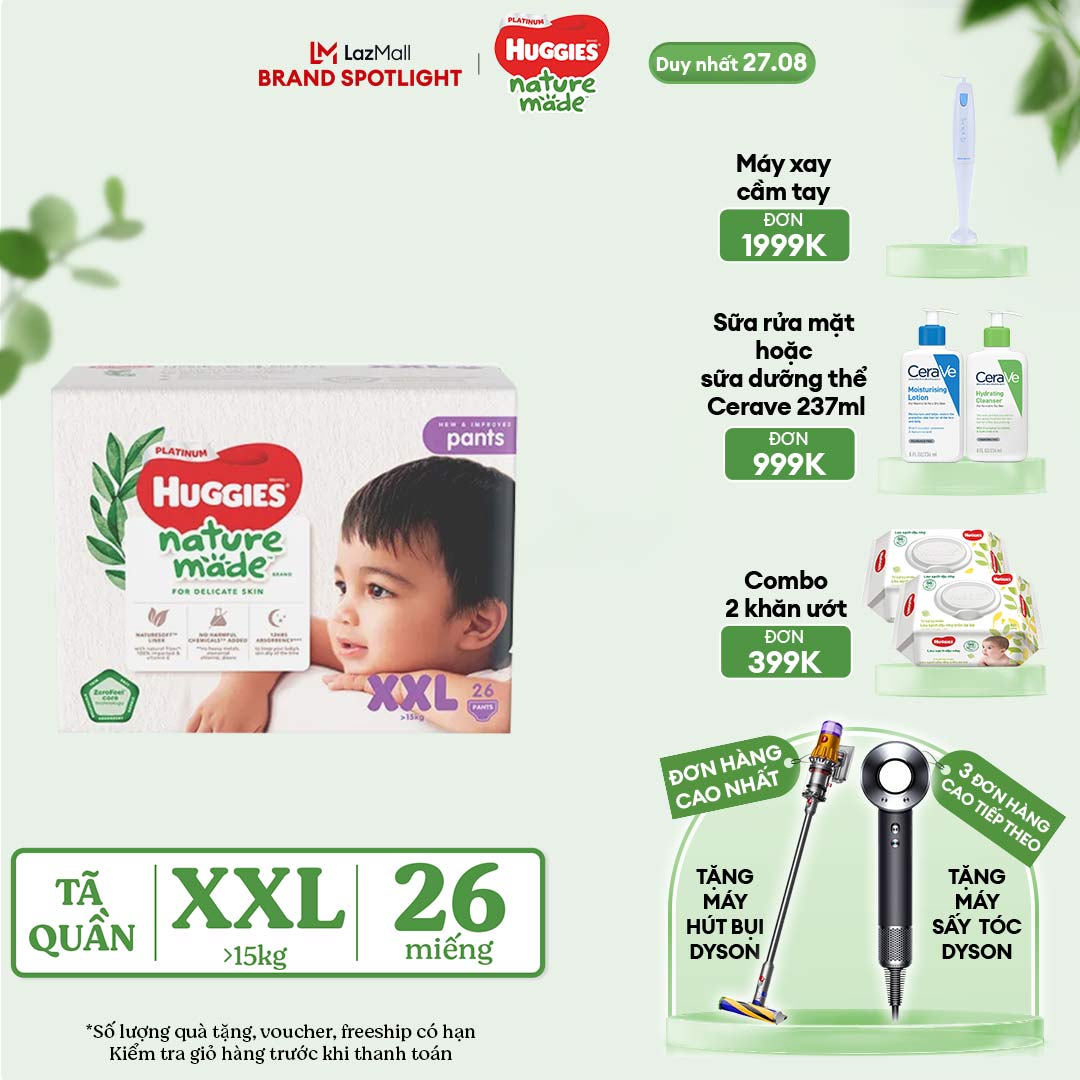 [CHỈ 27.8 GIẢM THÊM 40K] Tã/Bỉm quần HUGGIES PLATINUM NatureMade XXL26 (Trên 15kg)-Gói Jumbo 26 miếng