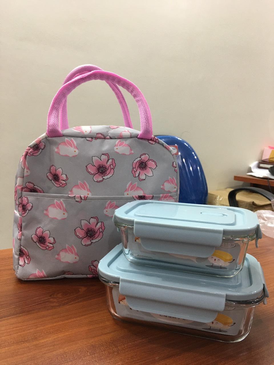 Hộp cơm văn phòng, hộp cơm thủy tinh, hộp cơm giữ nhiệt tặng túi giữ nhiệt + bộ thìa đũa inox cao cấp