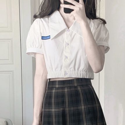 Áo sơ mi nữ cộc tay croptop chun eo trẻ trung năng động