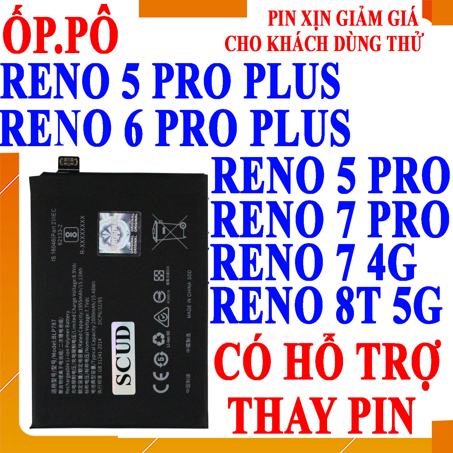 Pin Scud cho Oppo Reno 5 Pro Plus/Reno 6 Pro Plus/Reno 5 Pro/Reno 7 Pro/Reno 7/Reno 8T