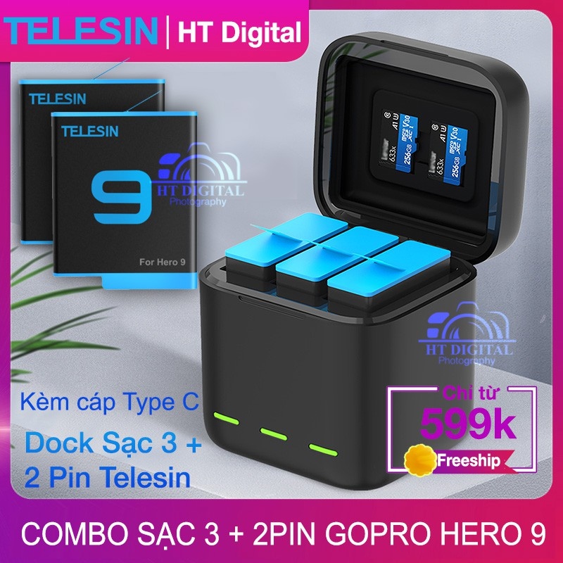 ✑ dock sạc 3 2 pin telesin có nắp đậy - hộp sạc pin gopro hero 9 10 telesin - pin máy quay hành trình gopro hero 10