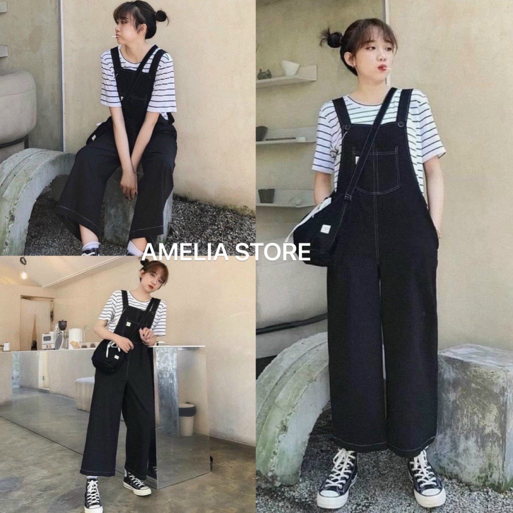  Quần Yếm Kaki ống rộng đen dáng dài tag túi CHỈ NỔI- yếm quần đen suông ulzzang yếm đen nữ quần yếm nữ trơn bassic dễ phối đồ cá tính năng động Đi chơi đi học dễ thương vintage yếm kaki nữ thời trang hàn quốc AMELIA 