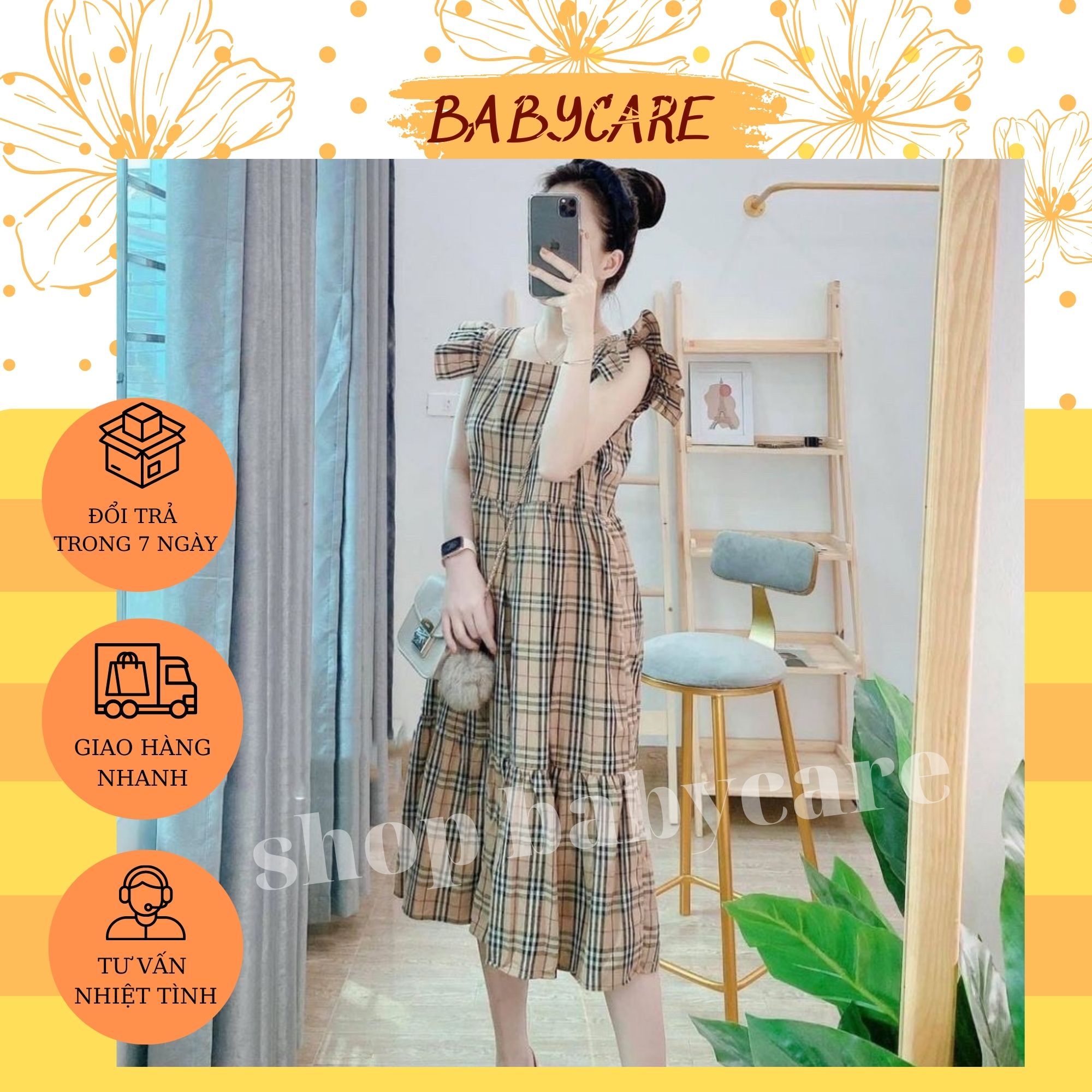 Váy bầu mùa hè kẻ tay bèo cánh tiên-đầm bầu xinh,váy bầu kẻ nâu sang chảnh,xinh xắn mặc đi làm đi chơi đều được
