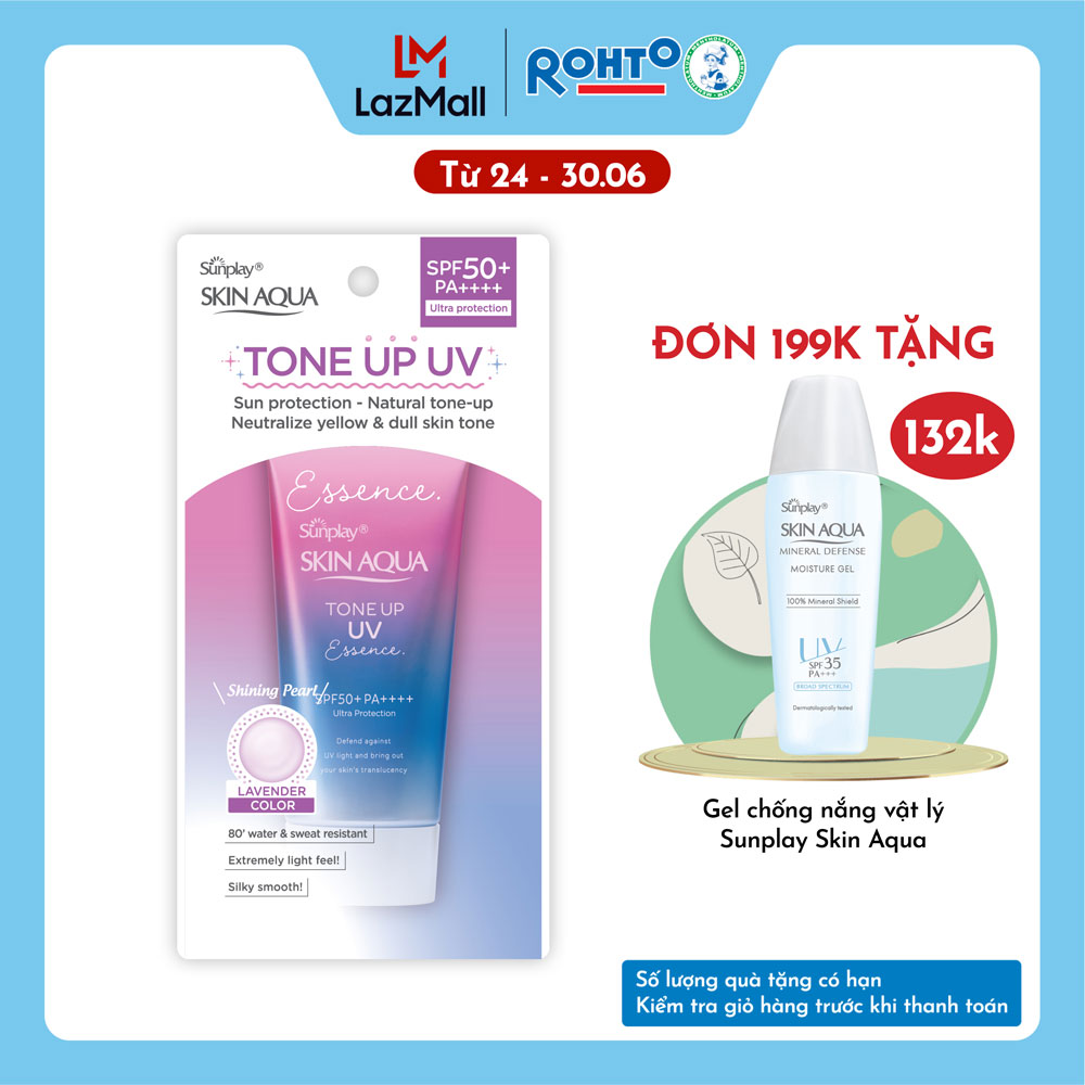 Kem chống nắng nâng tông Skin Aqua Tone up Lavender cho da tối màu & da vàng, dạng tinh chất Sunplay Skin Aqua Tone Up UV Essence Lavender SPF 50+ PA++++ 50g