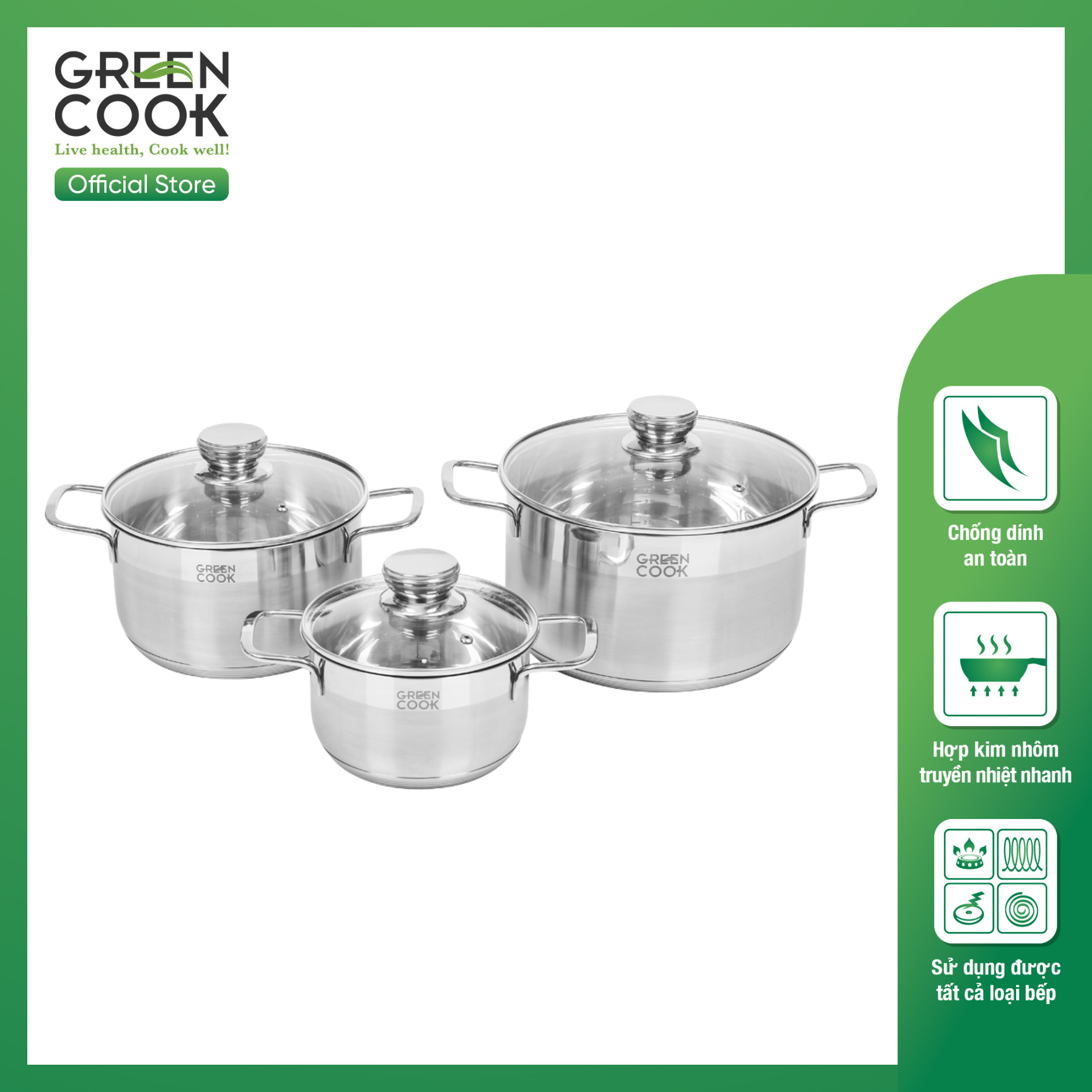 Bộ nồi Inox 5 đáy cao cấp Green Cook GCS232-T1 siêu bền sử dụng được trên bếp từ - Hàng chính hãng greencook