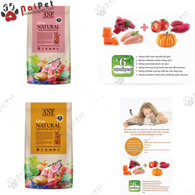 Thức ăn hạt cho mèo con và mèo lớn vị cá hồi và gà anf natural for indoor 6 free 400g