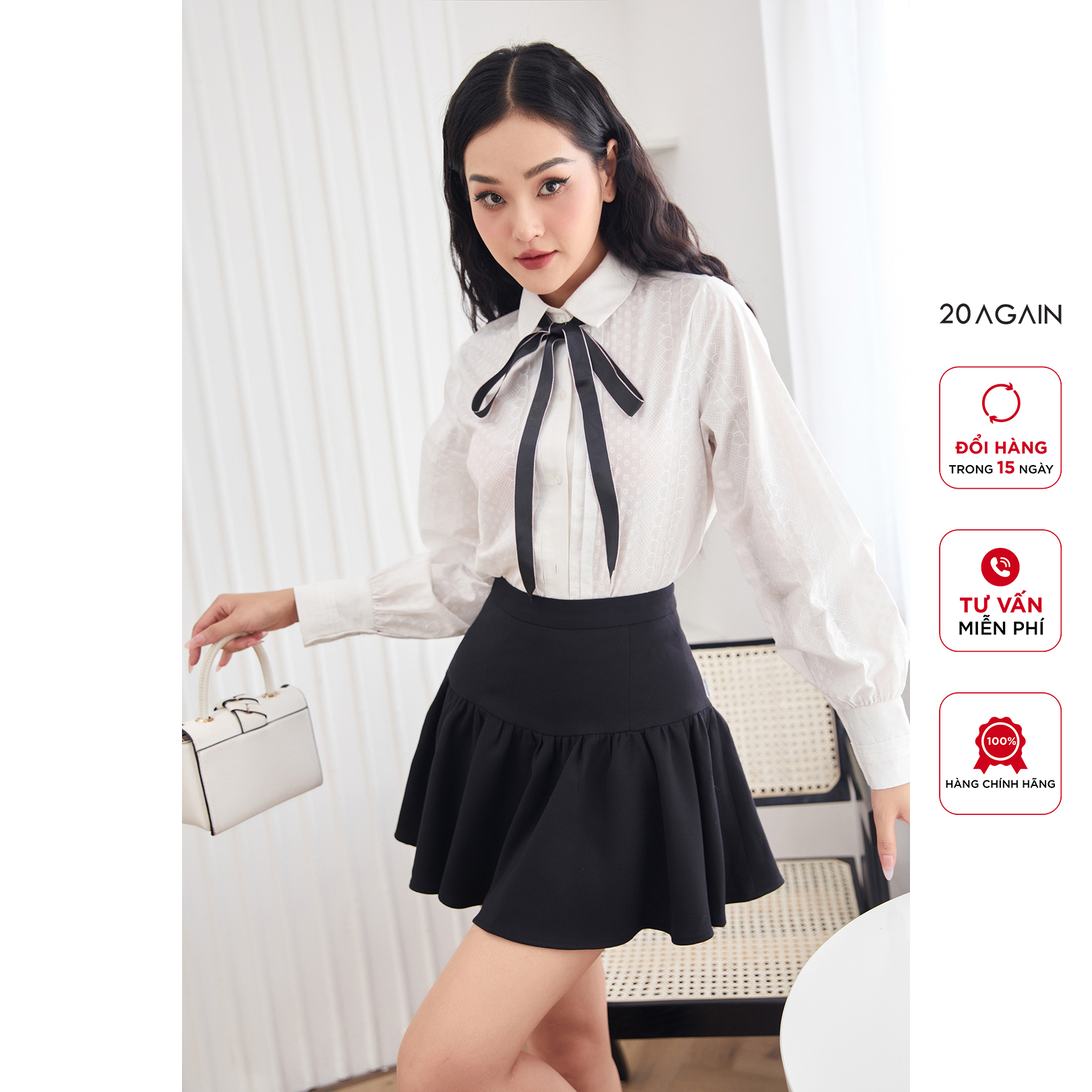 Áo sơ mi dài tay 20again, thiết kế cổ vuông thắt nơ nữ tính, điệu đà asa2209