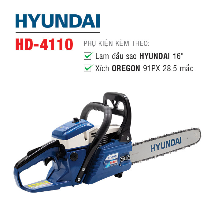 Máy cưa xích chạy xăng hyundai hd-4110 | có lam hyundai 16'', xích oregon 28.5 | 2hp - 3000 vòng/phút