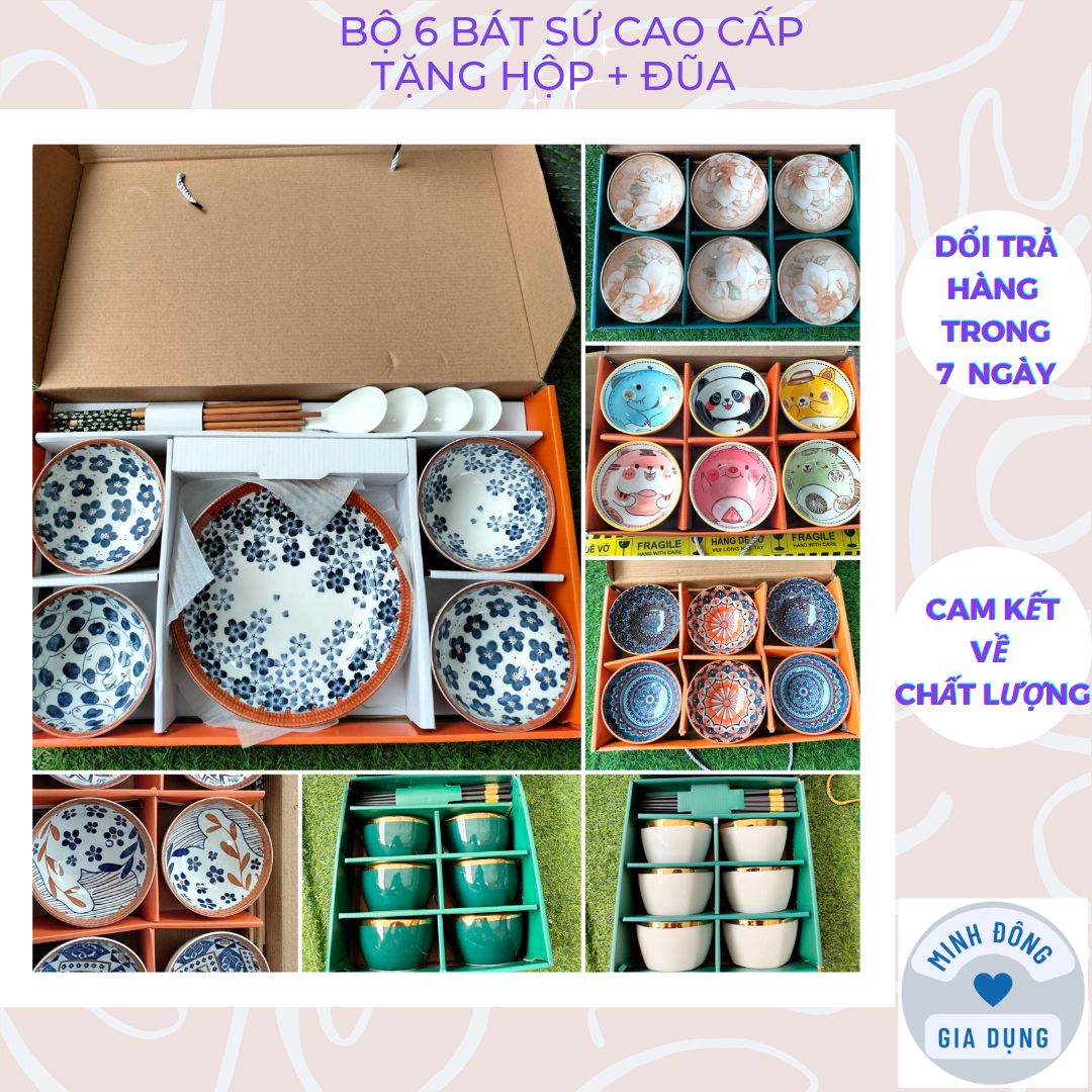 Bộ chén bát đĩa sứ Nhật Bản họa tiết trang nhã 7 món kèm hộp - Bộ chén bát decor siêu xinh gồm 7 món kèm hộp