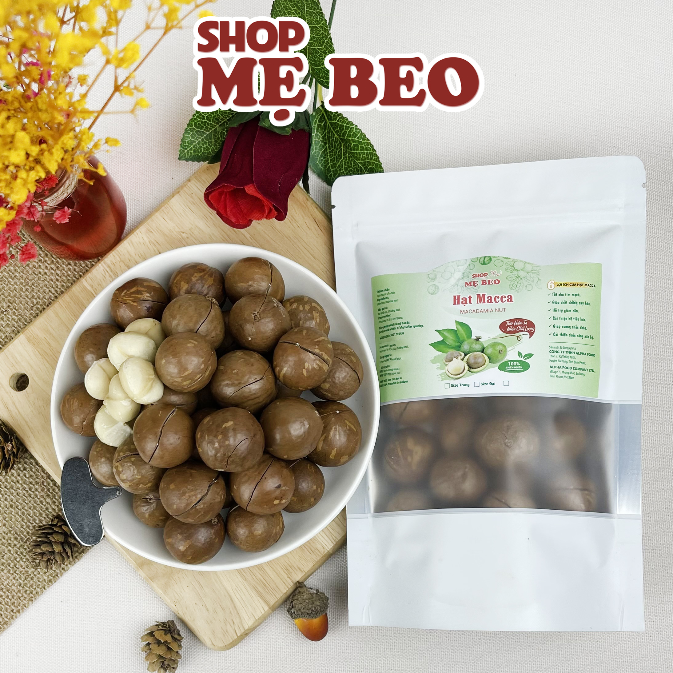 500gr hạt macca sấy chín nứt vỏ đaklak shop mẹ beo túi zip hút chân không