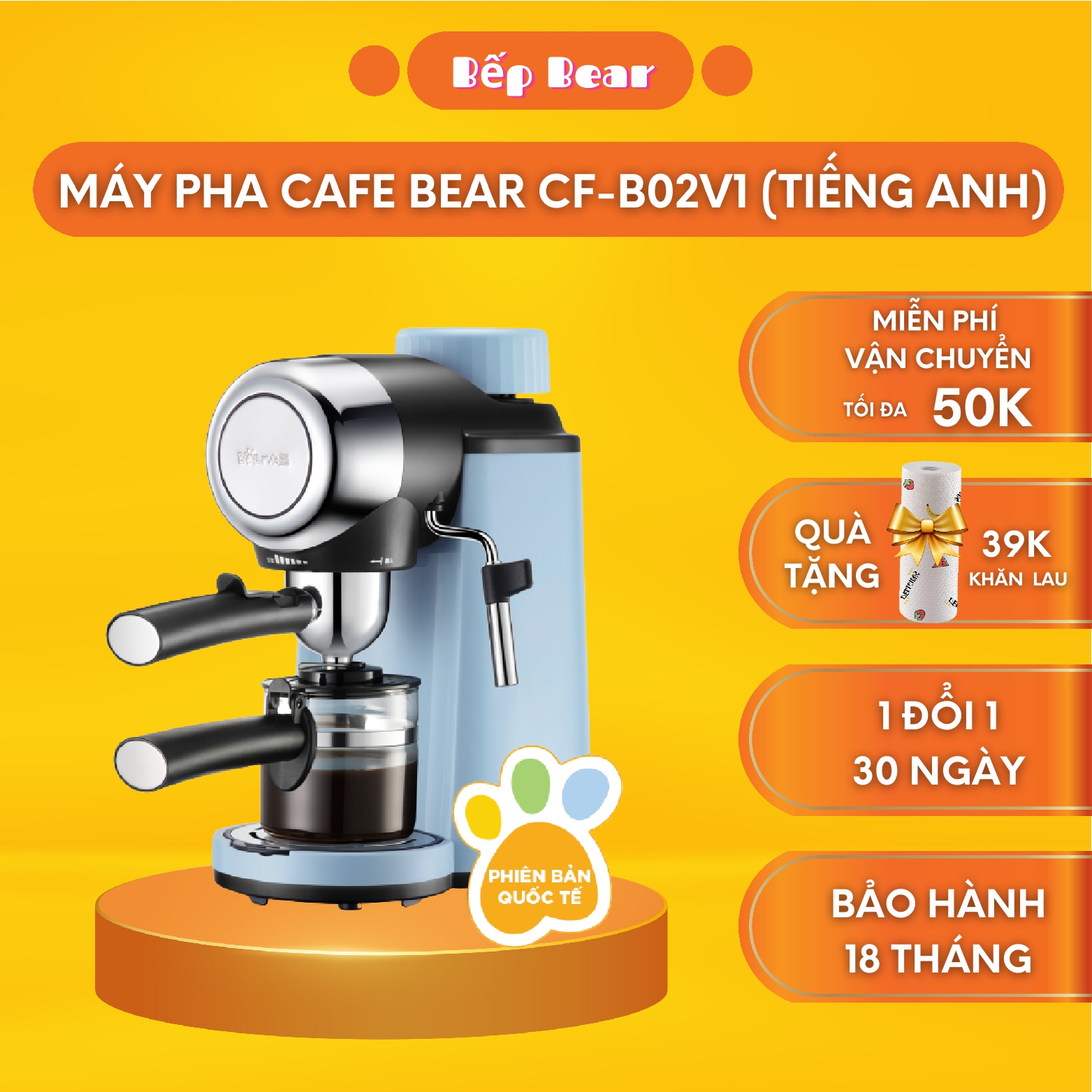 Máy Pha Cà Phê Mini Tự Động Bear CF-B02V1 Espresso, Đánh Bọt Sữa, Cappuccino, Bản Quốc Tế Bảo Hành 18 Tháng