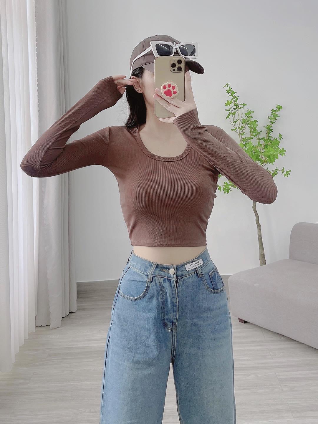 Áo Thun Nữ, Áo Kiểu Nữ Cổ Chữ U, Tay Dài, Vải Gân THÁI Co Giãn Tốt, Ôm Body Mẫu mới mềm mịn mát, phối đồ siêu xinh, đi cafe, đi chơi đều xinh
