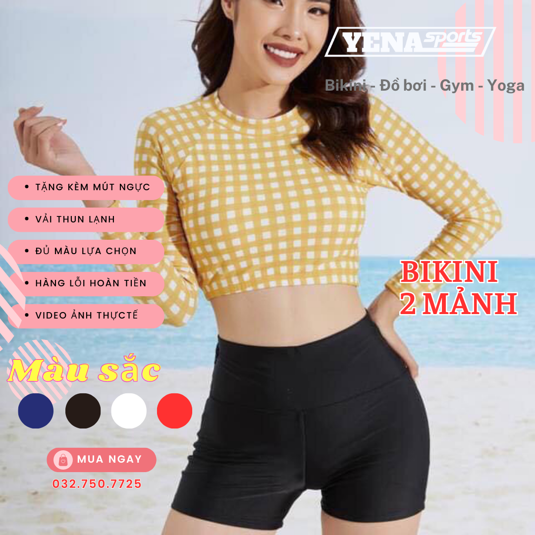 [FREESHIP + HOÀN TIỀN 50K] Đồ bơi nữ Bikini 2 mảnh croptop họa tiết kẻ sọc tay dài quần đùi thun lạnh co dãn 4 chiều chất dày áo tắm tôn dáng DBN004