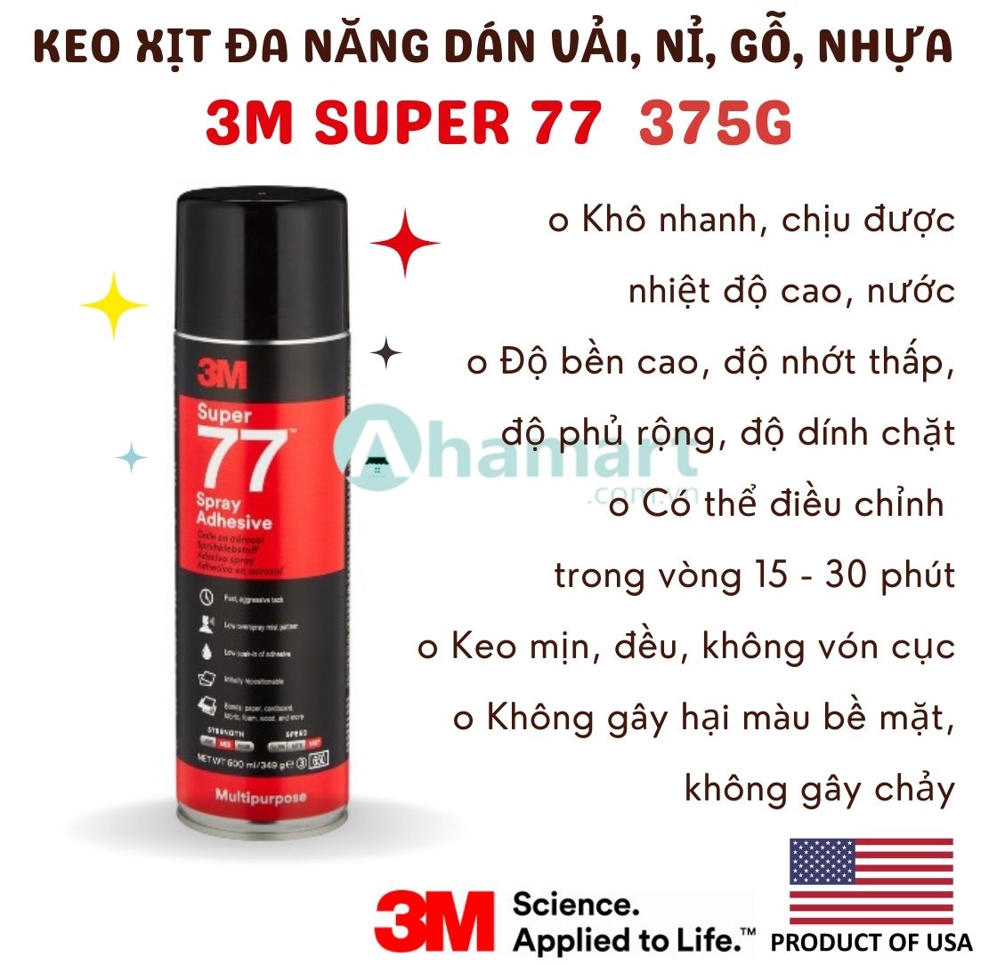 Keo xịt đa năng 3M Super 77 dán xốp, tường sơn, giấy, thảm nỉ, simili, vải, gỗ, mút cách âm 375g
