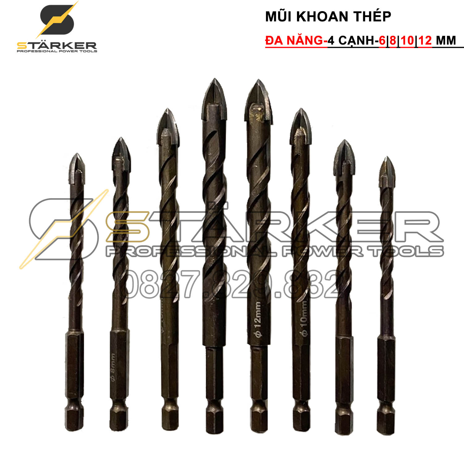 Mũi khoan đa năng chân lục giác, loại thép xịn 4 cạnh, mũi 6,8,10,12mm