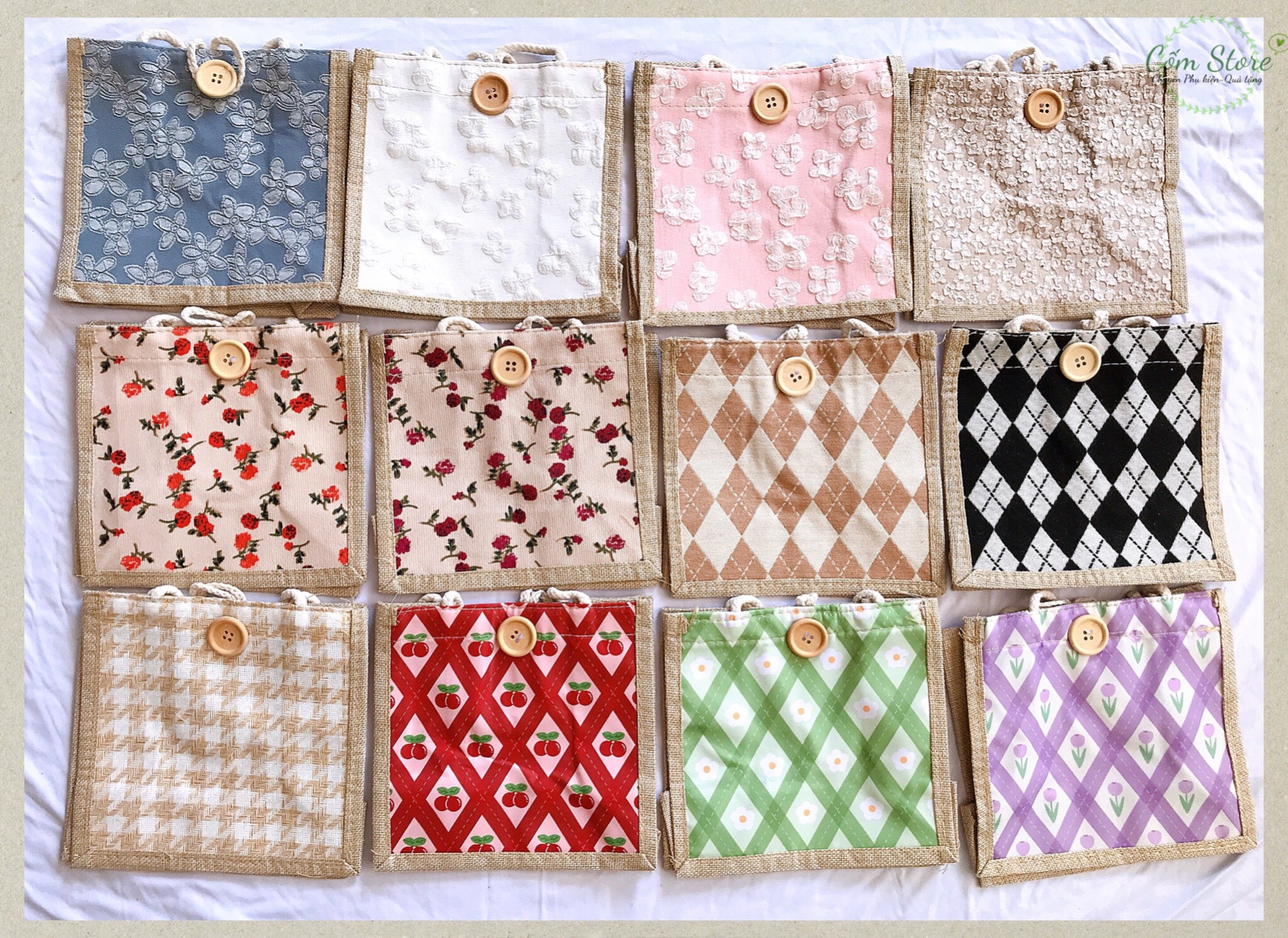 Túi cói mini, túi xách nữ có cúc cài hoạ tiết vintage xinh xắn