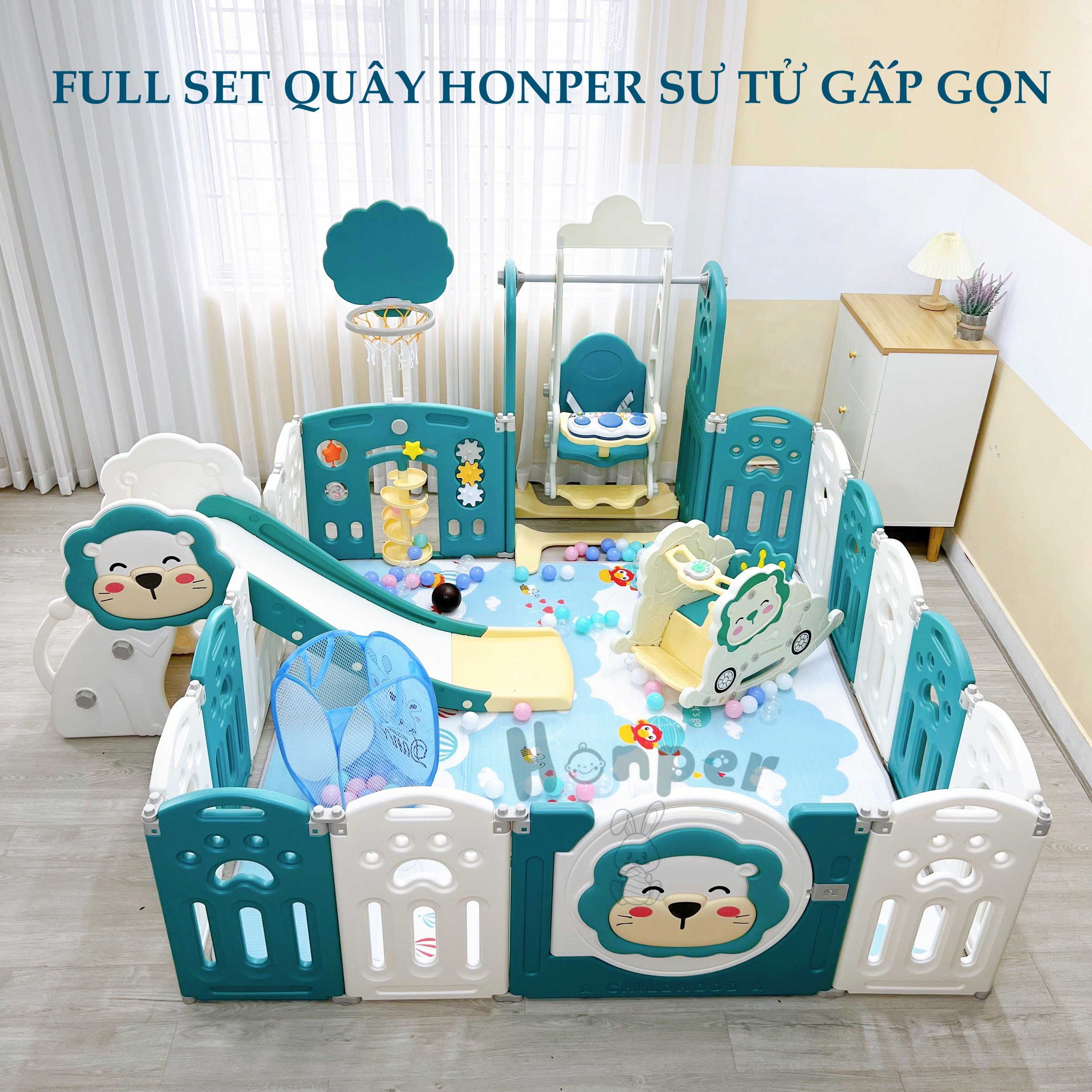 Trọn bộ quây cũi Honper sư tử cho bé gỗm gũi+cầu trượt+xích đu có bàn nhạc+bập bênh+thảm+bóng+bóng rổ cho bé