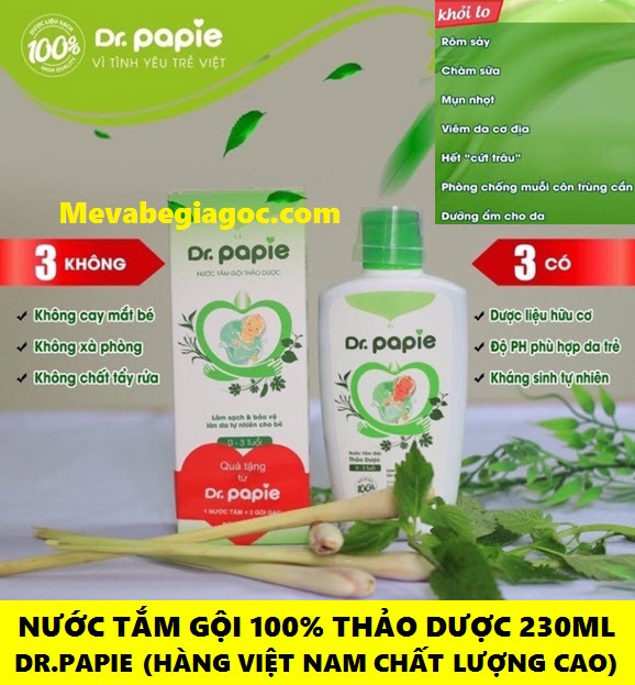 (FREESHIP ĐẾN 50k) Chai Nước Tắm Gội Thảo Dược An Toàn Cho Trẻ Sơ Sinh Dr.Papie 230ml (Hàng Việt Nam Chất Lượng Cao) NAM2