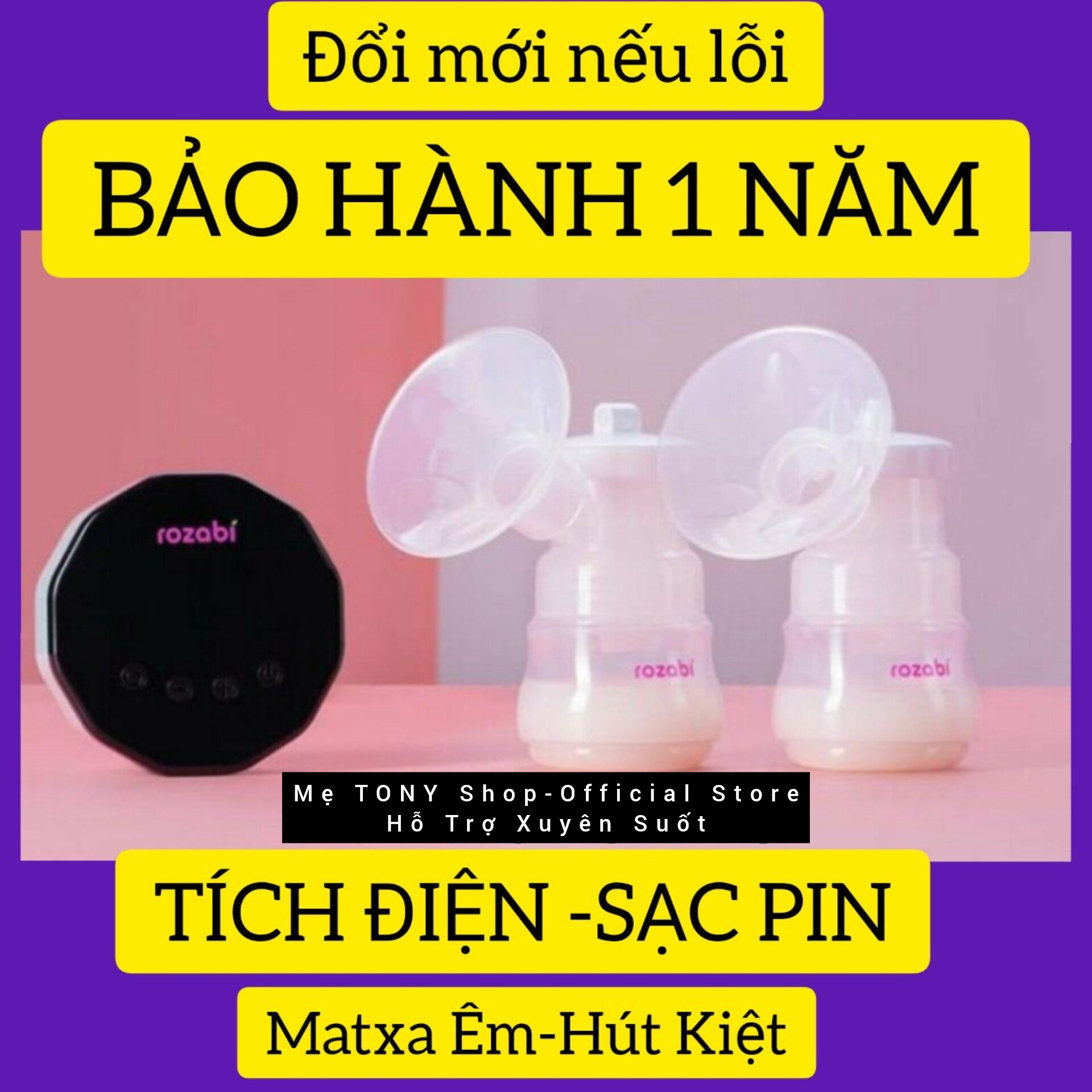 [Có Pin Sạc]Máy Hút Sữa Điện Đôi ROZABI Basic Plus (Massage Êm Ái-Hút Kiệt Sữa-Bảo Hành 1 Năm)