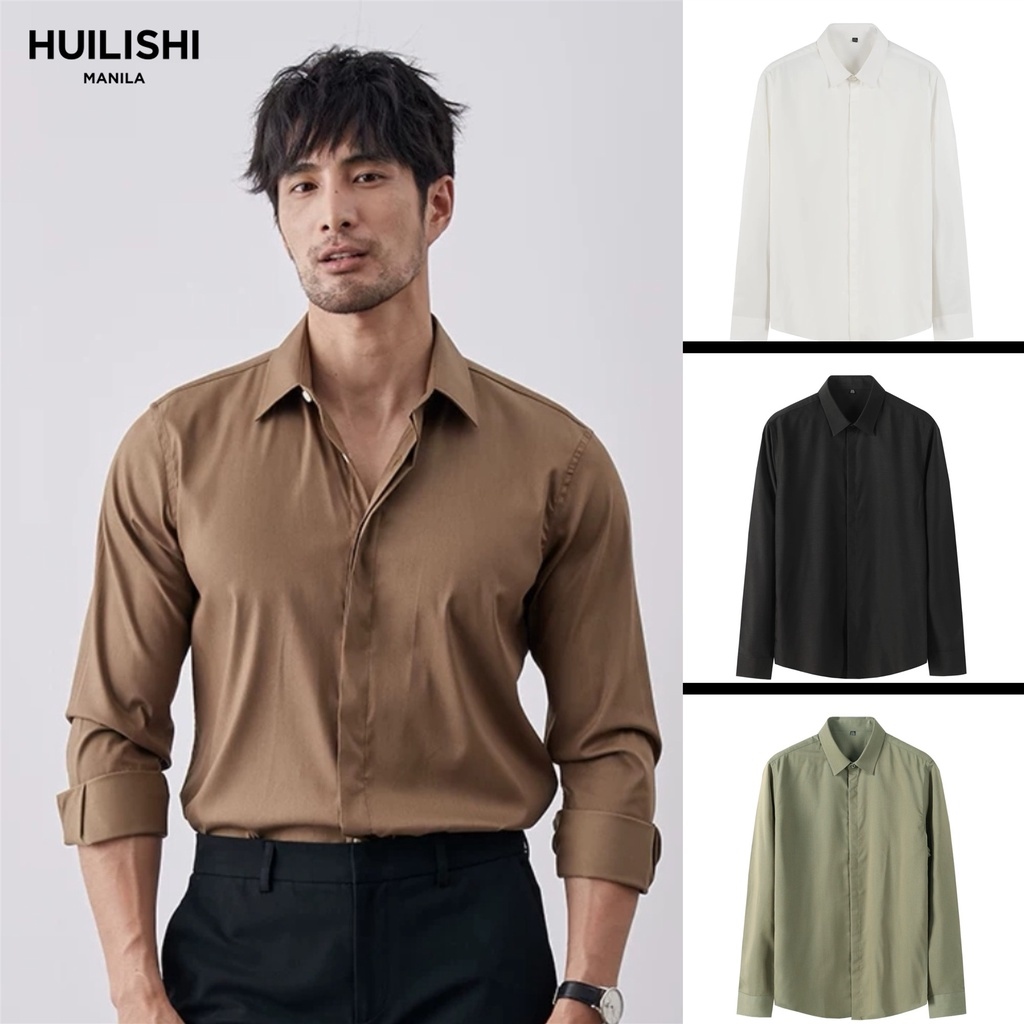 HUILISHI Plain men s korean style long sleeve shirt