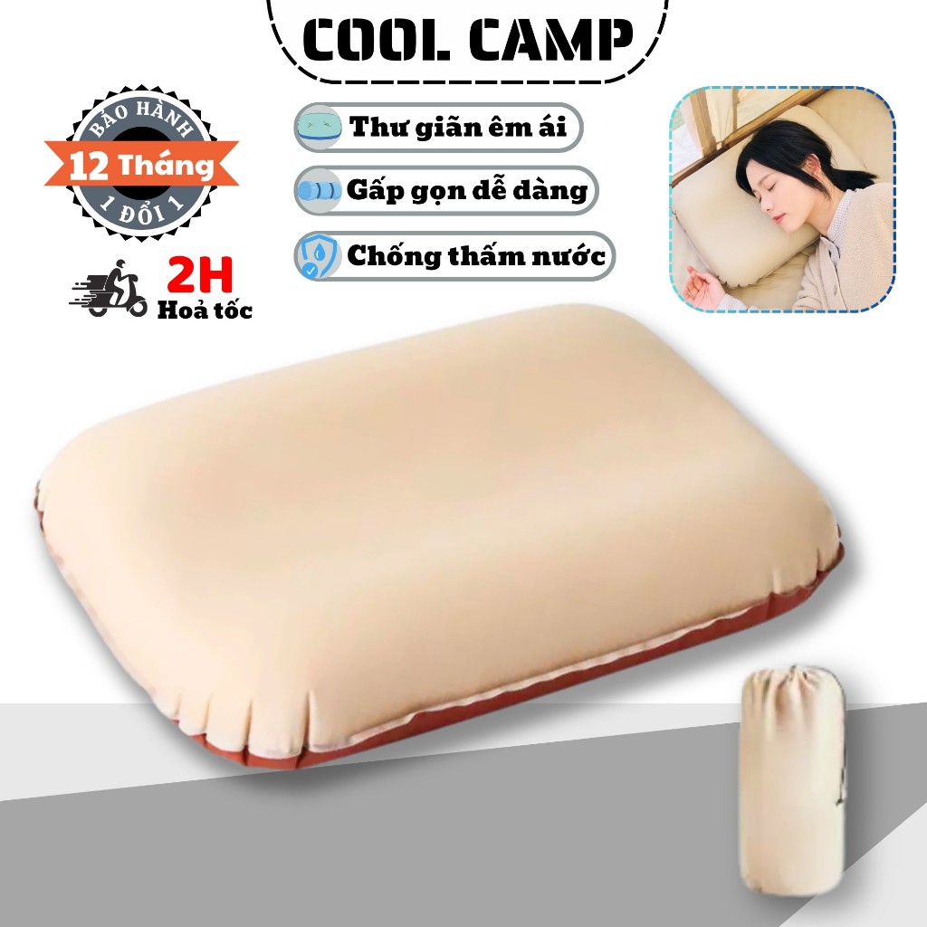 Gối hơi tự bơm gối hơi gấp gọn bằng vải cao cấp, gối hơi tự phồng gối ngủ camping êm ái an toàn gọn nhẹ dễ mang theo