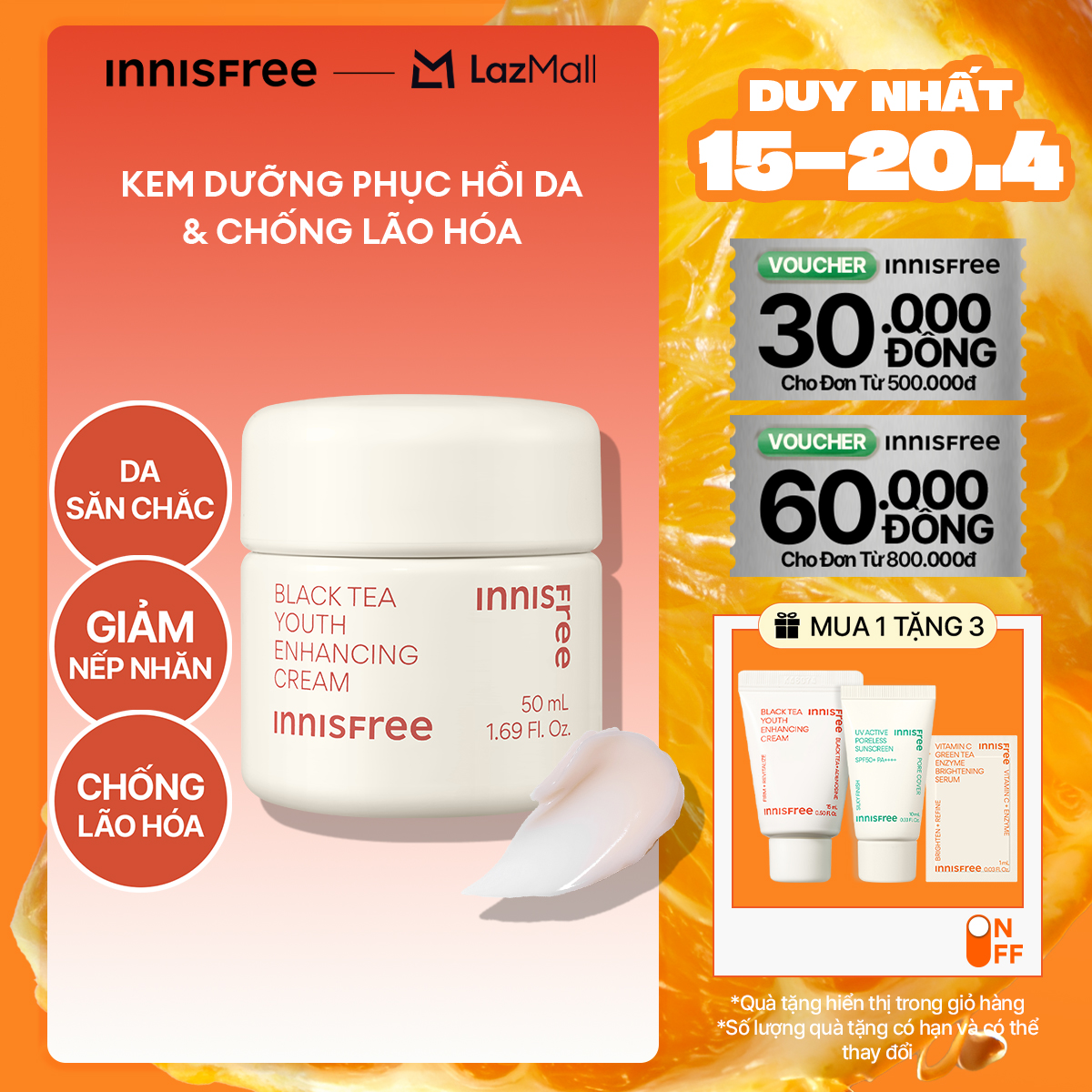 Kem dưỡng da ban đêm ngăn ngừa lão hóa từ trà đen INNISFREE Black Tea Enhancing Cream 50 mL