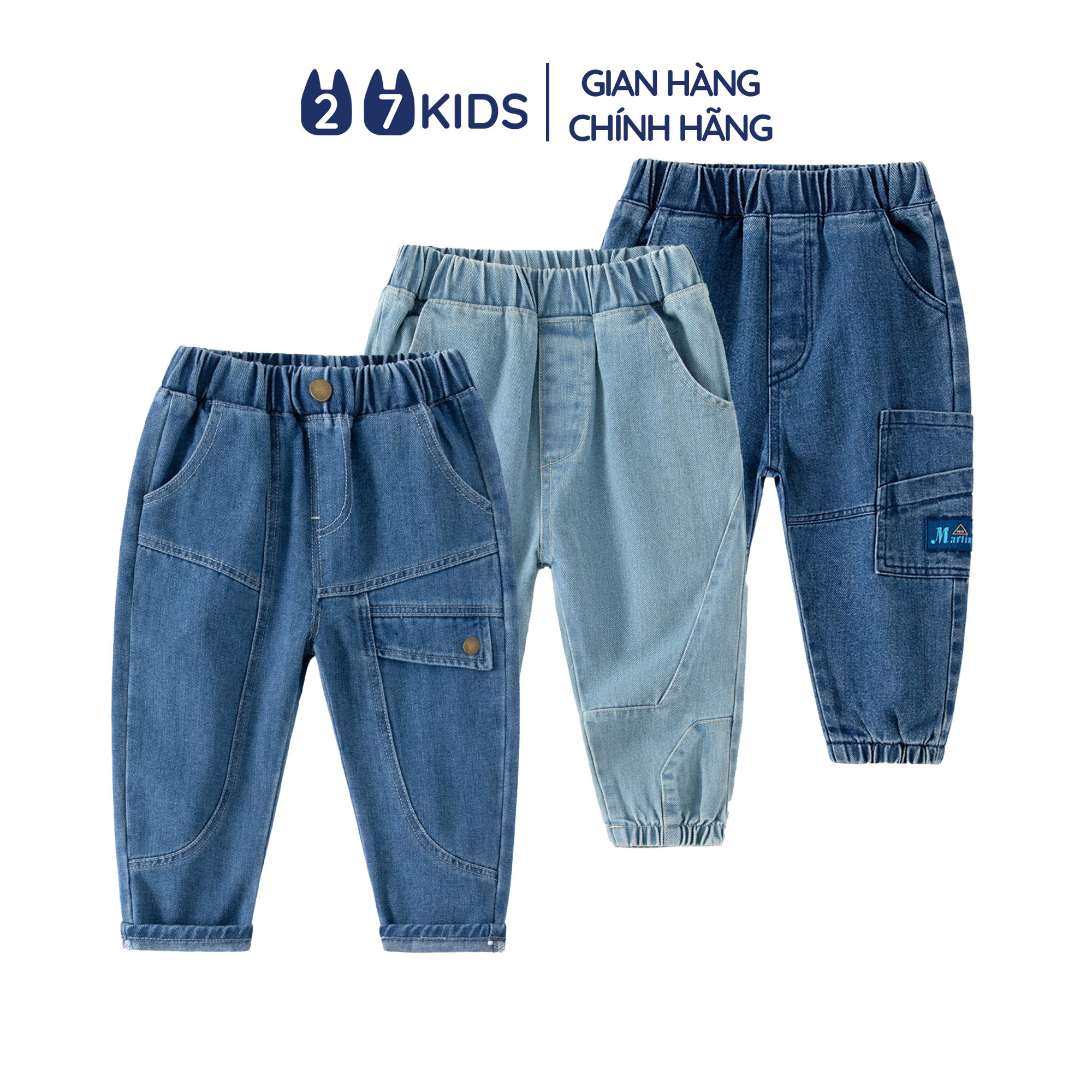 Quần jean dài bé trai 27Kids WELLKIDS quần bò mềm lưng chun nam cho trẻ từ 2-10 tuổi BLJE2