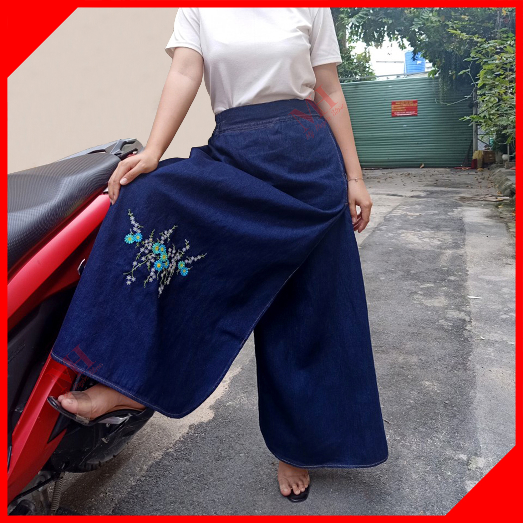 Váy Chống Nắng Xẻ Tà Jean Chất Vải Dày Dặn Và Mềm Mại Thêu Hoa Thạch Thảo Mỹ Huyền Store