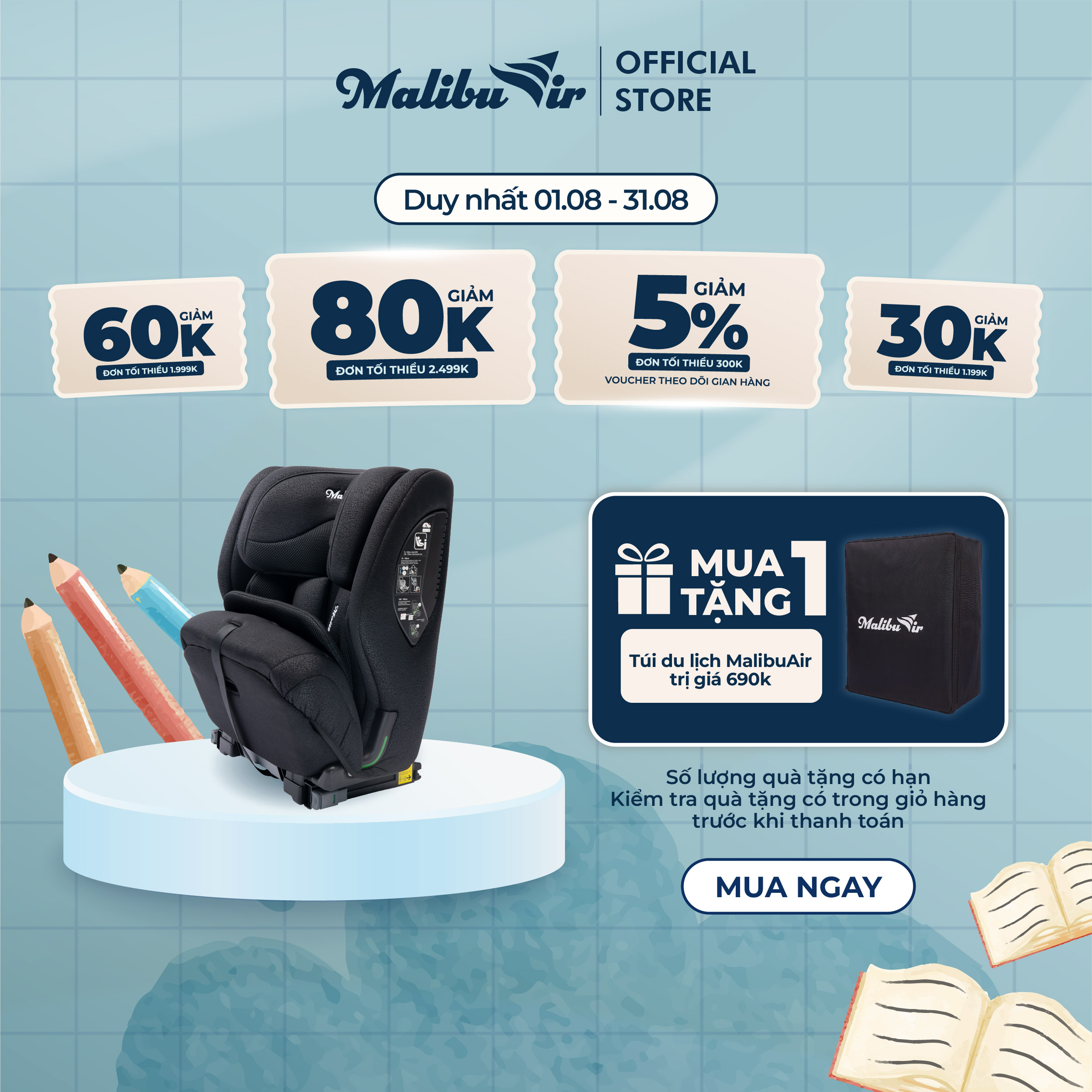 MalibuAir Aura Ghế Ngồi Ô Tô Gấp Gọn Cho Bé - ISOFIX - 15 Tháng-12 Tuổi (76-150cm) - Màu Đen - BH 36 Tháng